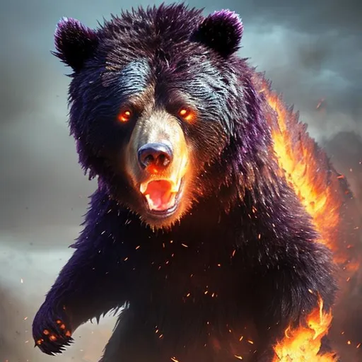 Prompt: angry bear, purple crystal, flame burnt, monster, fantasy art, octane render, unreal engine, high detail, very realistic, by greg rutkowski. by james gurney