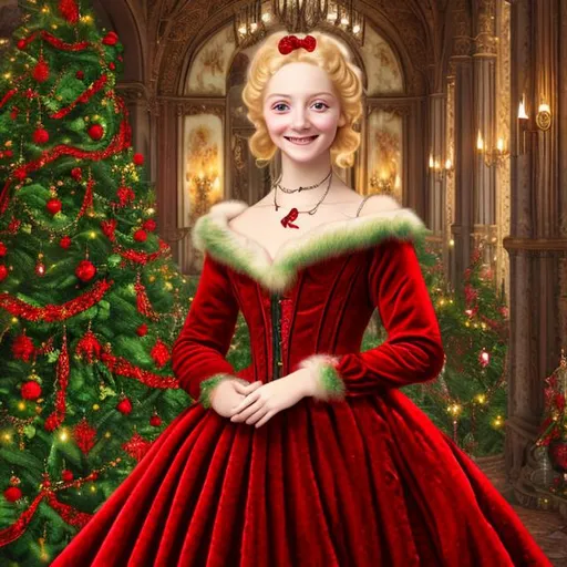 Prompt: Photorealistic beautiful highly detailed face and eyes smiling blonde haired Victorian lady dressed in long floor length red and green fur lined Christmas gown