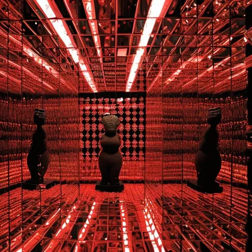 Prompt: Venus of Willendorf in a red and black room of mirrors as walls