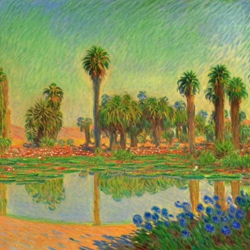 Prompt: Oasis on a desert in Monet style