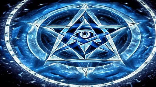 Prompt: one eye inside of a pentagram, blue glowing, background image, symetrical