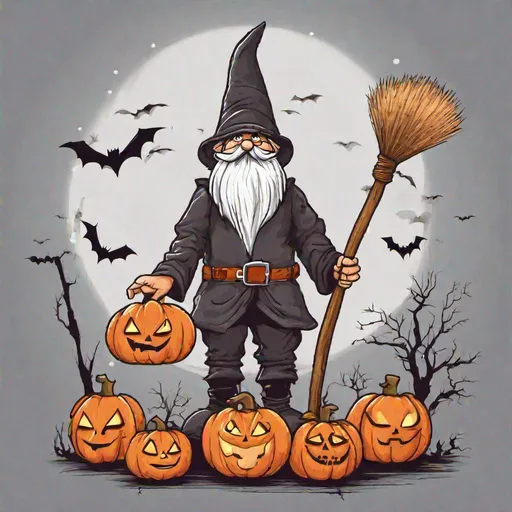 Prompt: Create a fun cartoon Halloween gnome standing alone with a pumpkin, spiders, and holding a broom