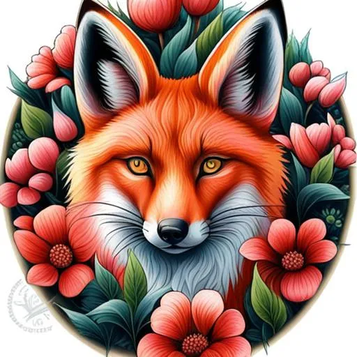 Prompt: A tattoo design of a realistic fox surounded by flowers