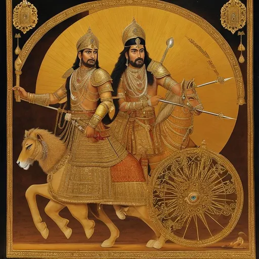 Prompt: Indian king in golden armor studded with diamonds holding a bloodstained sword in the midst of a battlefield on a lion drawn chariot