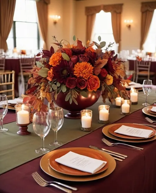 Prompt: wedding table arrangements: maroon cloth, sage runner, fall leaves and flowers center pieces in the color array of burnt orange, dark red, orange, and gold