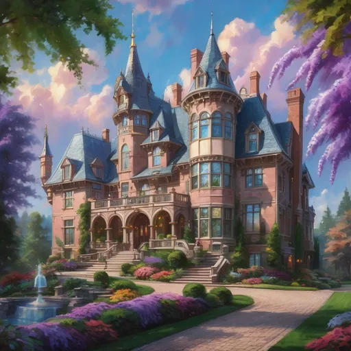 Prompt: grand mansion with gated entrance sitting atop a hill with a pond and gardens, vines of ivy and wisteria on the walls, cobblestone driveway, (Queen Anne style architecture), towers and turrets, large stained glass windows, lots of brick, grand entrance, elaborate chimneys, pastel coloring, dramatic skies, intricate details, lush garden in the foreground, (opulent textures), warm color tones, (highly detailed), atmospheric lighting, capturing a sense of history and grandeur, (4K)