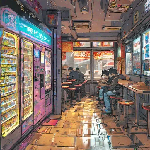 Prompt: Cyberpunk style vending machine restaurant. osaka, japan. raining. early morning sunlight through the window. one customer. putting money in machine. tables and chairs. larger perspective. zoom out. include more tables and chairs. sunlight through window. Show the interior of the restaurant. comic book style art.More detail of the vending machines.REALISTIC. PHOTO REALISTICCOMIC STYLE. Cyberpunk elements. neon and dark metal. futuristic meets the old. The year is 2079