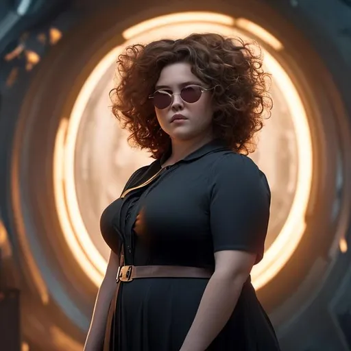 Prompt: 
witch plus-size girl with curly hair and circular shades in a marvel movie