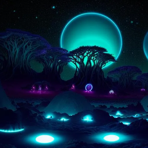 Prompt: Other worldly planet with bioluminescent life around 