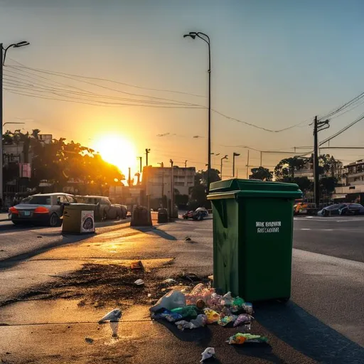 Prompt: trash, sun, sunset, green trash, medium size, on the street, big trash, Sony A7 IV, sharp focus, beautiful, 8k, stuff, orang sun 7 am, very nice, close trash, it is close, garbage box, trash box , not in the ground, 