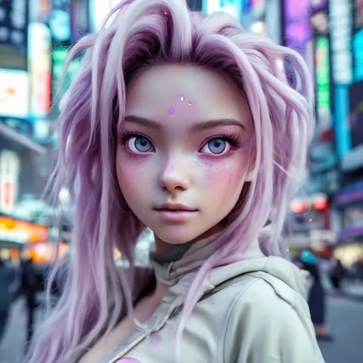 Prompt: New character. Stunning. Cute. Dimples. Mesmerising . Pheromones. Innocent. Naive. Alluring. Young woman. beauty. Interesting eye makeup. Pastel coloured hair. Incredibly gorgeous. Sweet. Very Futuristic clothes. Realistic. Gritty. Detailed. Medium close-up. Neo Tokyo background. Bait