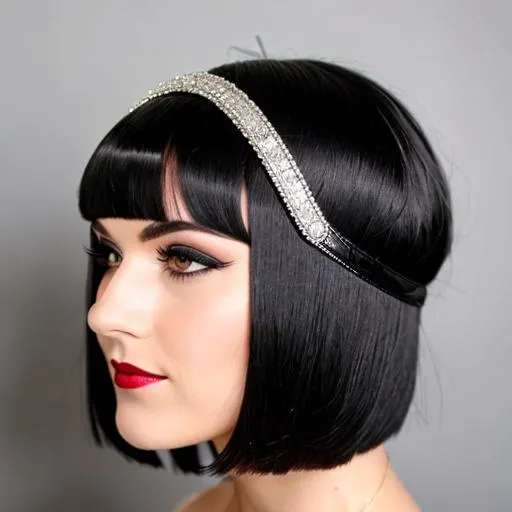 Prompt: 1920s flapper with  black bop haircut and a headpiece with diamonds  on her head 