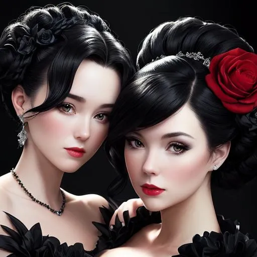 Prompt: 2 beautiful women portrait wearing a black evening gown,  black hair, dark eyes, ruby jewelry,elaborate updo hairstyle adorned with flowers, facial closeup