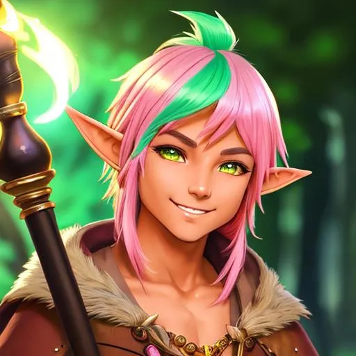 Prompt: oil painting, D&D fantasy, tanned-skinned-gnome man, tanned-skinned-male, short, short bright green and pink hair, bangs hair, smiling, pointed ears, looking at the viewer, Wizard wearing intricate wizard outfit, #3238, UHD, hd , 8k eyes, detailed face, big anime dreamy eyes, 8k eyes, intricate details, insanely detailed, masterpiece, cinematic lighting, 8k, complementary colors, golden ratio, octane render, volumetric lighting, unreal 5, artwork, concept art, cover, top model, light on hair colorful glamourous hyperdetailed medieval city background, intricate hyperdetailed breathtaking colorful glamorous scenic view landscape, ultra-fine details, hyper-focused, deep colors, dramatic lighting, ambient lighting god rays, flowers, garden | by sakimi chan, artgerm, wlop, pixiv, tumblr, instagram, deviantart
