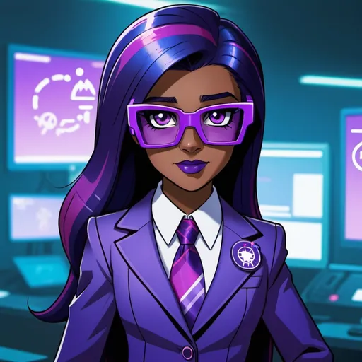 Prompt: Cyberpunk Equestria girls twilight sparkle with purple skin wearing a tech business suit