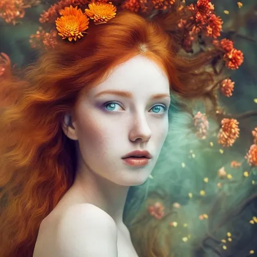Prompt: Ethereal Woman Beautiful Flowers Goddess red head