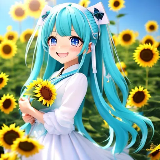 Prompt: Hatsune miku smiling in the sun and surrounded by sunflower, anime, white dress