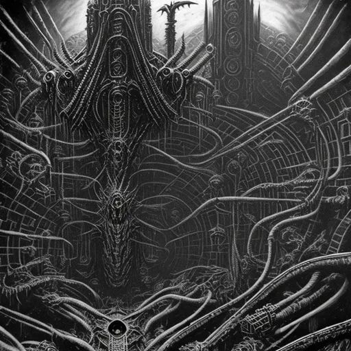 Prompt: Warhammer, Spaceship, Lovecraft, Horror, H.R. Giger, Black and White