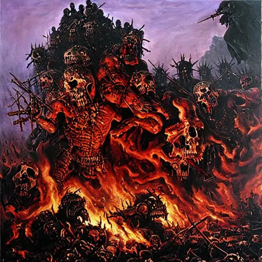 Prompt: Hellish realistic painting of a chaos god wielding the corpses of its victims as armor.  The chaos god is biting a medieval soldier in half. 
The background is set in hell with corrupted earth and decaying corpses of humans and angels  scattered beneath the chaos god. death | suffering | malevolence | war | grim | subtle vibrant violet vapors rising from an abyss | despair | UHD, 4K, 8K, 64K, highly detailed.