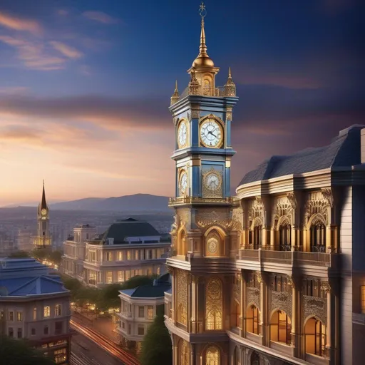 Prompt: Craft a mesmerizing image that captures the essence of an ultra-detailed aesthetic Clock Tower, nestled within a picturesque cityscape. The Clock Tower stands as a majestic symbol of time's passage, its every intricate detail meticulously preserved. Its facade boasts a harmonious blend of ornate architectural styles, adorned with delicate filigree, intricate carvings, and graceful spires that seem to reach for the sky. The clock's face is a masterpiece of precision, with gears, hands, and numerals crafted with exquisite artistry. Surrounding the tower, vibrant gardens and cobblestone paths add to the charm of the scene. As the sun sets, warm light spills from the tower's windows, casting enchanting patterns on the streets below. This image celebrates the intersection of intricate craftsmanship and timeless beauty. Ensure the best resolution of the image and high quality of the details.