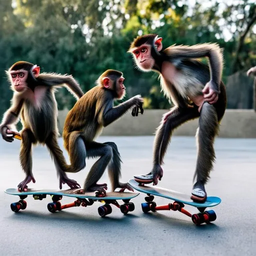 Prompt: Monkeys being cool with skateboards