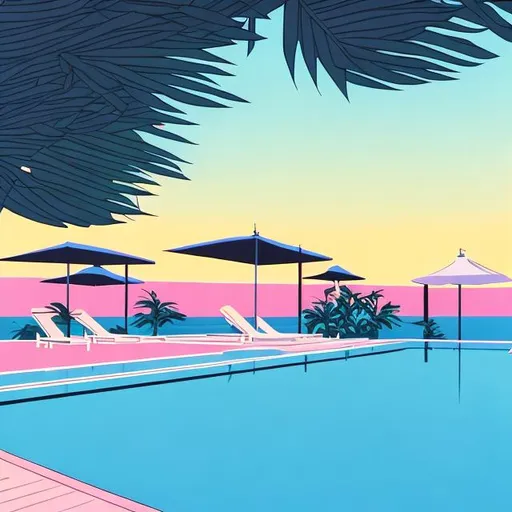 Prompt: poolside with tropical dusk in style of Hiroshi Nagai painting with the 
