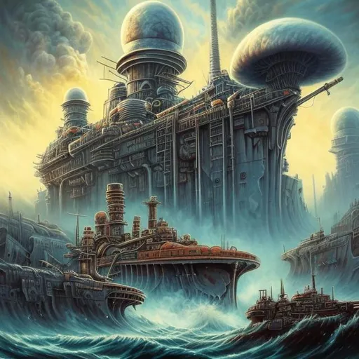Prompt:  fantasy art style, painting, pipes, tubes, nuclear weapons, nuclear bombs, nuclear explosions, mushrooms, mushroom cloud, bombs, torpedoes, misiles, concrete, smog, fog, evil, misiles launching, warship, naval ship, boat, deep ocean, waves, tsunami, end of the world, apocalypse 