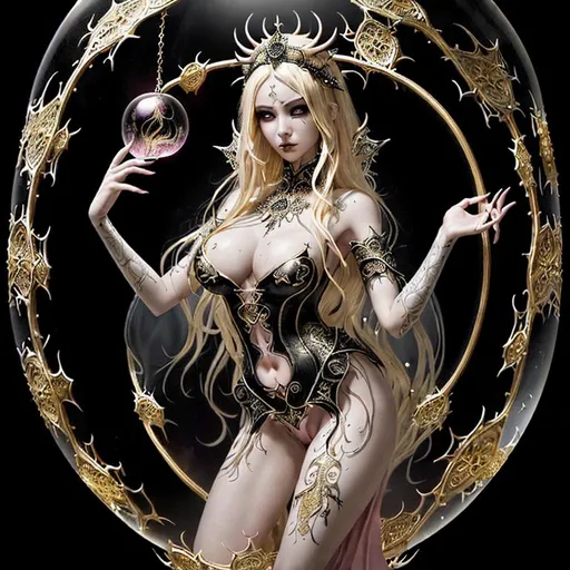 Prompt: Create Splashart, a fantasy style ultra Intricate, ultra realistic intricately detailed image of a gothic priestess floating in a glass bubble with golden elements built inside of it.

focused on a full body, stunningly beautiful, exotic gorgeous, perfect young slender Asian body, blonde hair, intricately detailed goth makeup and skin, proportionate cleavage, long pink finger nails, wearing a large iron slave collar,

Professional Photo Realistic Image, RAW, artstation, splash style dark fractal paint, contour, hyper detailed, intricately detailed, unreal engine, fantastical, intricate detail, steam screen, complementary colors, fantasy concept art, 8k resolution, deviantart masterpiece, splash arts, ultra details Ultra realistic, hi res, UHD, 64k, 2D art rendering, depth of field 4.0, APSC, ISO 900,