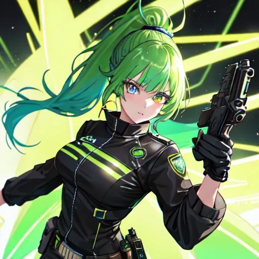 Prompt: She has a long, distinctive neon-green that fades to neon-blue hair in a ponytail, heterochromia eyes, wearing a western brown bounty hunter uniform, with a gun in her hand
