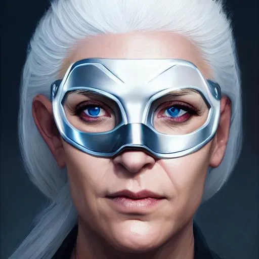 Prompt: Portrait of woman with white hair and superhero mask and with strong face, big dreamy eyes, perfect composition, hyperrealistic, super detailed, 8k, high quality, trending art, trending on artstation, sharp focus, studio photo, intricate details, highly detailed, by greg rutkowski