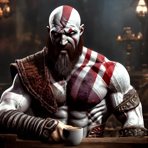 Prompt: Kratos Drinking Coffee
