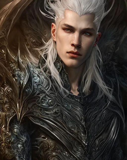 Prompt: white dragon King,young man, beautiful guy with long white platinum hair,  pale skin, black opalescent dragon armor, masculine, hyper realistic, high detail, high contrast, beautiful, volumetric lighting, fantasy, elegant, 16k, realism, art by greg rutkowski, art by tom bagshaw, beautiful painting by daniel f gerhartz