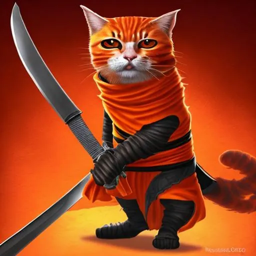 Prompt: Orange cat wearing ninja clothes and holding a katana sword, RTX, Unreal graphics 