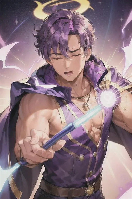 Prompt: (masterpiece, illustration, best quality:1.2), Luke Perry summoning a purple electricity, male, solo, closed eyes, tan skin, stray hairs, calm demeanor, closed eyes, vibrant purple short hair, bright purple hair, purple hair, white hair tips, wearing  detailed purple mage armor, finely detailed,  detailed face, toned face, eyes closed, cape, detailed jewelry, wearing  detailed purple mage armor, detailed shading,  detailed college background, fantasy background, sharp focus, absurdres, highres, cinematic lighting, street photography, macro detailed shading, smooth soft detailed skin, {{hyper detailed}}, photo realistic, {{{masterpiece}}}, glowing light, detailed background, hair between eyes, dynamic angle, library, 4K, HDR, perfect eyes