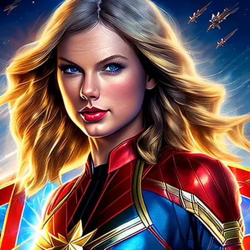 Prompt: Taylor Swift as Captain Marvel, beautiful photograph of most beautiful fictional, extremely, detailed environment, detailed background, intricate, detailed skin, natural colors , professionally color graded, photorealism, 8k, moody lighting.