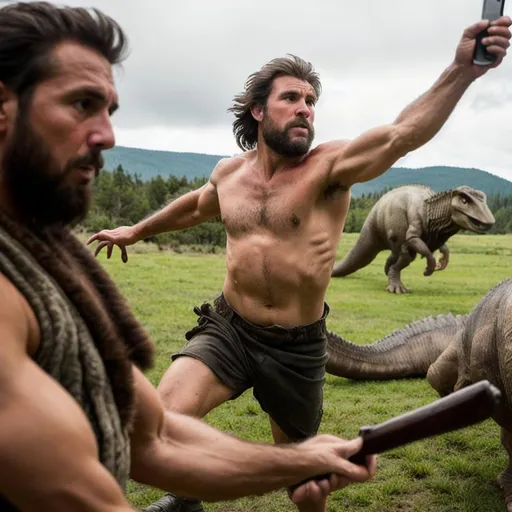 Prompt: Create a photorealistic image as if taken with a prehistoric selfie. In this scene, a prehistoric man is hunting dinosaurs. Use a shallow depth of field (f/2.8) to focus on his determined, fearful face and primitive weapon. Use fast shutter speed (1/500s) to capture the action. The background should be blurred, hinting at his dinosaur targets and the wild landscape