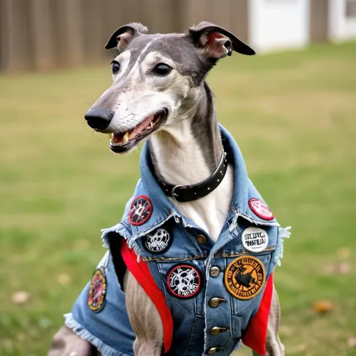 Prompt: Greyhound wearing a heavy metal music denim vest with patches