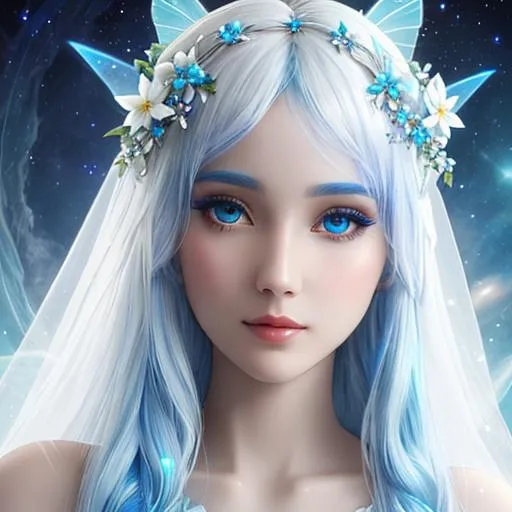 Prompt: White prism, cosmic,etherial, fairy, goddess of light , blue hair, white flowers in her hair, facial closeup