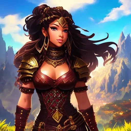 Prompt: D&D fantasy, dwarf girl {{dark skinned woman}} {{braided Wine red hair}} {{dark blue eyes}}. Studded leather armor. Dynamic pose. Whole body. Full figure. hip hop, street fighter, muscular women. Planets in sky, grassy plains. Full body, full body picture, perfect eyes, symmetrical face, Perfect feet if present, perfect hands if present, perfect 5 fingers is visible. The entire image should be very intricate and extremely detailed with excellent lighting, ray tracing, high contrast, vivid detail, and perfect composition. Full body image. Octane, 4k, trending, highest quality, soft, art, RPG, highres, illustration,