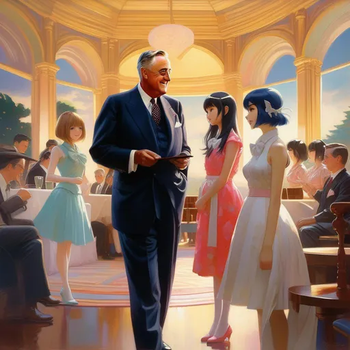Prompt: Franklin Roosevelt meets anime girls, anime style, extremely detailed painting by Greg Rutkowski and by Henry Justice Ford and by Steve Henderson 