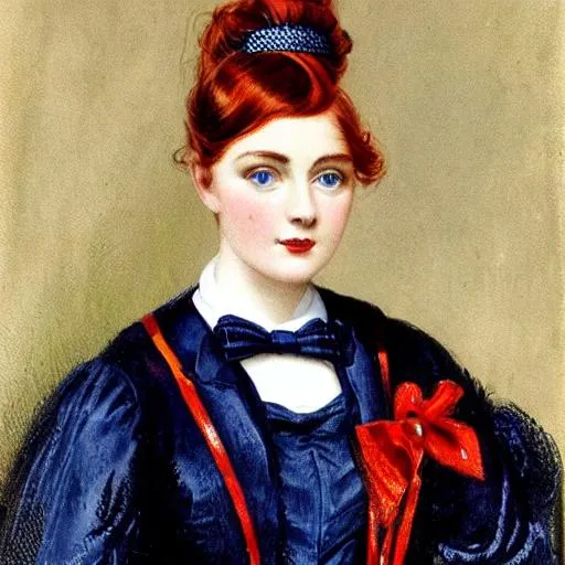 Prompt: Color portrait of a beautiful Victorian girl with red hair and dark blue eyes. Wearing a dark blue gown and a hair bow.