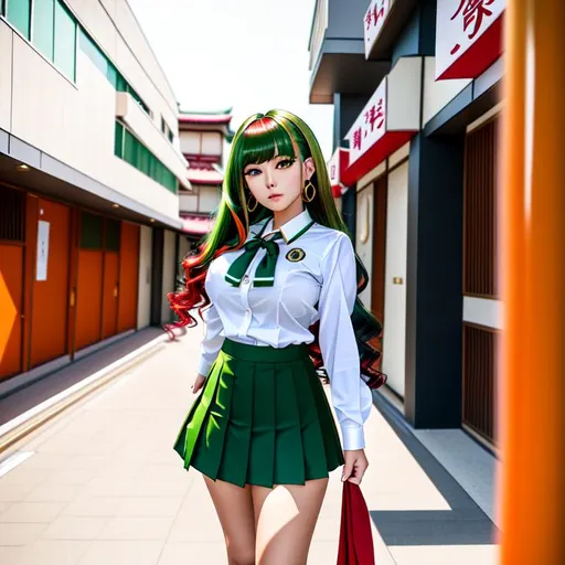 Prompt: Dall E2 is a young gyaru with dark green hair mixed with gold and red, reaching down to her waist and curled in soft waves. Her school uniform is the traditional Japanese high school uniform, with a dark red pleated skirt and a short-sleeved white blouse with a green tie. Her green eyes mixed with orange shine with a determined and strong gaze. In her hands, she holds a shinai, a bamboo sword used in Kendo practice. Dall E2 is bent forward, leaning on her shoulder while holding the sword confidently.

In the background, the school gates and buildings extend, standing out against the blue sky. Dall E2 is positioned in front of the gates, looking ready to enter and face the challenge ahead.

Her dark green hair, mixed with gold and red, is voluminous and flowing, creating a mysterious and attractive aura around her. Her green eyes mixed with orange radiate a sense of determination and strength, while she holds the shinai with firmness and confidence.

The prompt should emphasize the beauty and strength of our gyaru, showing her in all her splendor. The image should be very detailed, capturing all the little details of her school uniform, hair, eyes, facial expression, and body position.