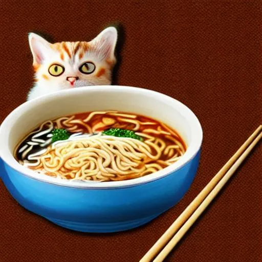 Prompt: cat  ramen bowl filled with noodles detailed picture pastel retro style 4k