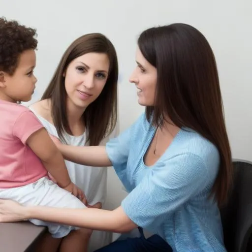 Prompt: A Child psychologist and a pediatrician meet a mother and her child in the pediatrician’s office. 