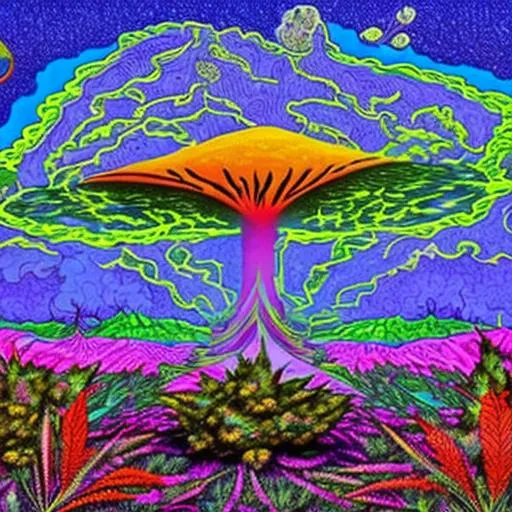 Prompt: Atom bomb mushroom cloud.  Psychedelic art 