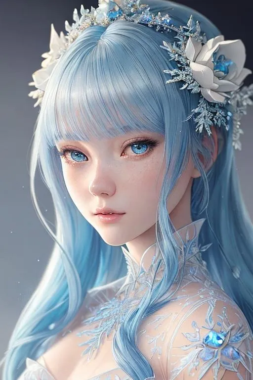 Prompt: ((best quality)), ((masterpiece)), ((realistic)), (detailed) illustration photographic ,beautiful face, cute, frost queen, blue hair colour,big ,  perfect composition,elegant, hd octane render, messy wob cut,high resolution scan, masterpiece, hyperrealism, delicate detailed complex, highly detailed, intricate detailed, volumetric lighting, light reflection, highly detailed concept art, trending on artstation, vivid colors, melancholic, cold background, loneliness, depressing, hopelessness, suffering
(((close up face shoot))), dim lights, 8k uhd, realistic, Nikon z9, raytracing, focus face, (sharpness:2. 0)
