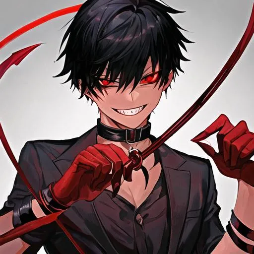 Prompt: Damien as a demon (male, short black hair, red eyes) wearing a collar and holding a leash pulling on it, grinning seductively, holding a whip