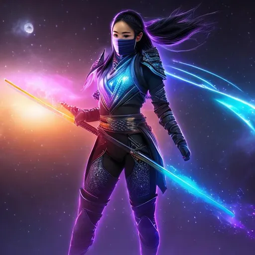 Prompt: create photograph of beautiful female ninja who is wearing bright futuristic ninja robes,  night time and beautiful sky  space and planets an nebulae in sky highly detailed, detailed face, extremely detailed environment, extremely detailed background, extremely detailed skin, extremely detailed clothing, natural colors , professionally color graded, photorealism, 8k, realistic, moody lighting, galactic environment, volumetric lighting