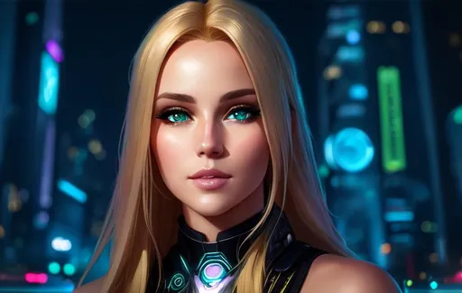 Prompt: Portrait of {woman} with {blonde} hair, with cute face, green eyes, {futuristic city neon background}, perfect composition, hyperrealistic, super detailed, 8k, high quality, trending art, trending on artstation, sharp focus, studio photo, intricate details, highly detailed, by greg rutkowski