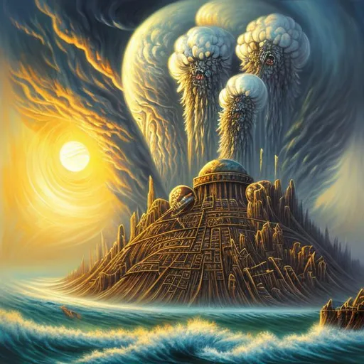Prompt:  fantasy art style, painting, nuclear weapons, nuclear bombs, atom bomb, nuclear explosions, mushroom cloud, tzar bomb, bombs, concrete, smog, fog, evil, misiles launching, warship, naval ship, boat, deep ocean, waves, tsunami, flood, end of the world, apocalypse, dystopian 